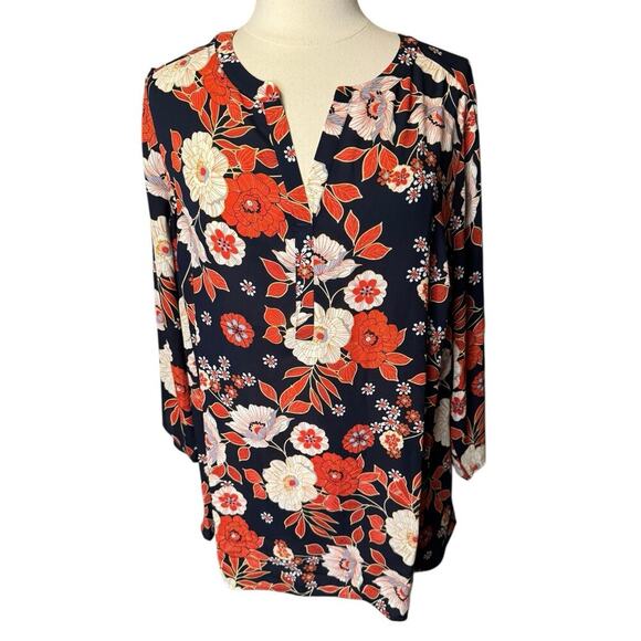 Daniel Rainn New Floral Peasant Blouse Size 2X Roll Tab Sleeves V Neck Navy Blue - Picture 1 of 7